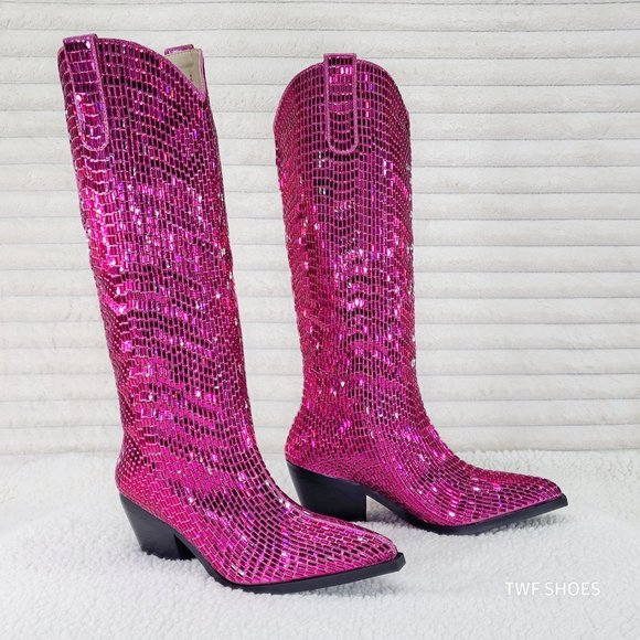 Mirage Fuchsia Pink Rhinestone Pull On Western Cowgirl Knee Boots - Picture 8 of 17